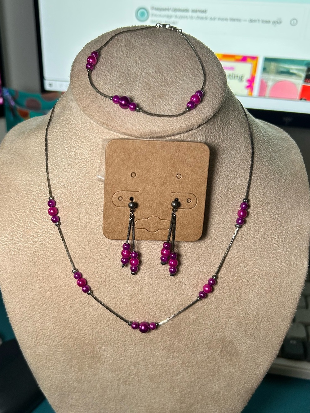Magenta Bead Necklace, Bracelet & Dangle Earrings Set